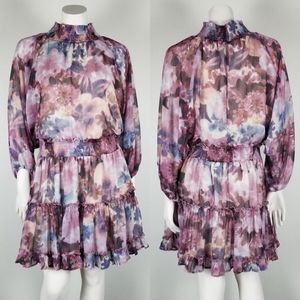 Anthropologie BTFL-Life Purple Floral Smocked Tiered Puff Sleeve Mini Dress Sz L